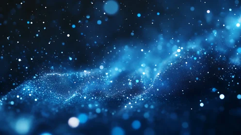 Starlit blue particles drift across a shimmering cosmic tide.