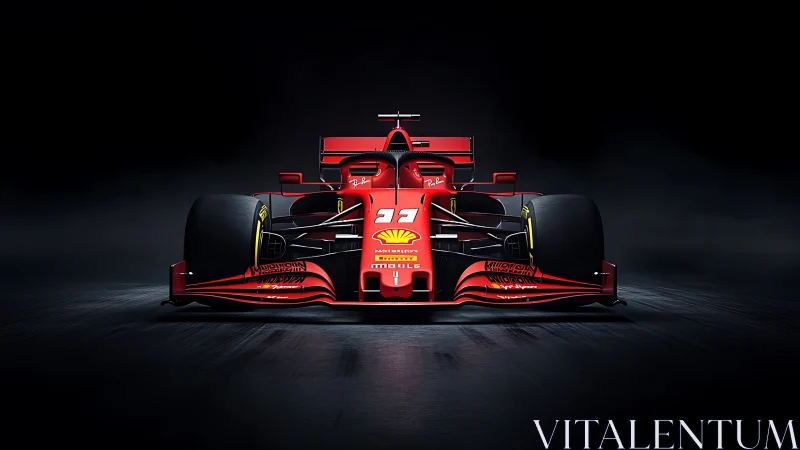Red Formula race car front view on dark studio track.