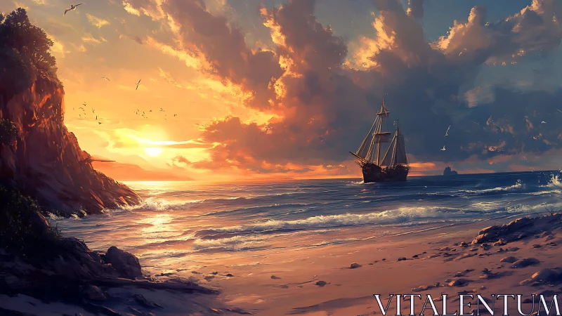 Sunlit galleon drifts toward a whispering, painted shore.