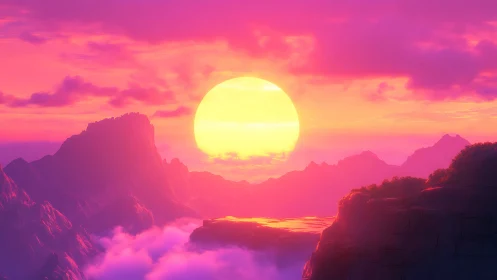 Neon gradient sunset over stylized mountain ridges and clouds