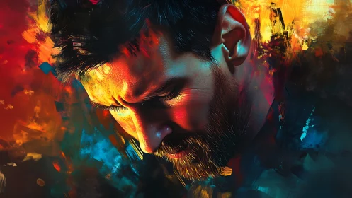 Side-lit male profile rendered in saturated abstract colors