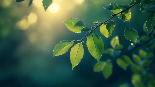 Dewy green leaves on branch in soft morning sunlight, nature photo.