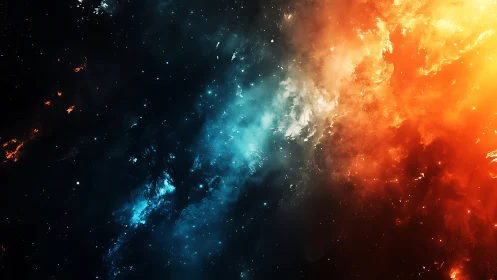 Bipolar nebula cloudscape with cyan core and orange plasma front