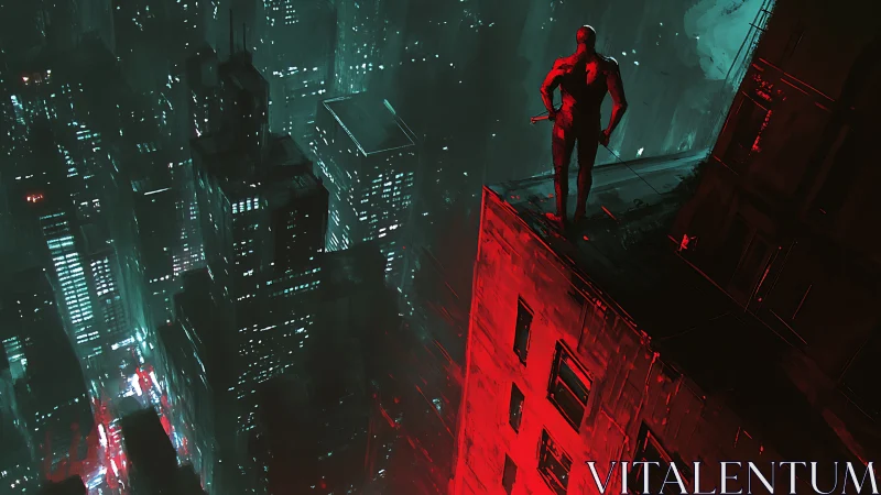 Cyberpunk rooftop sentinel over neon-drenched megacity skyline.