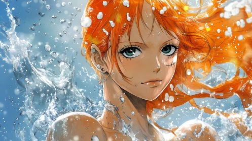 Fiery haired anime girl against crashing ocean spray.