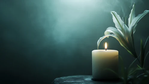 Lit Candle with White Lily. Serene Memorial Composition.