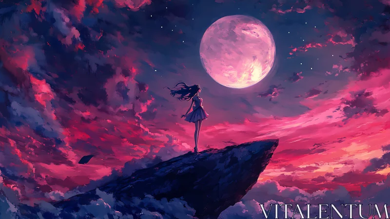 Girl on cliff beneath large moon in vivid pink sky.
