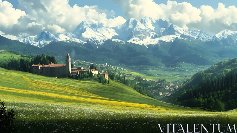 Sunlit monastery above lush valley and alpine ranges.