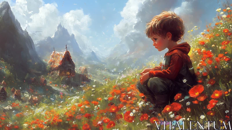 Young child in flower meadow near distant alpine cottages.