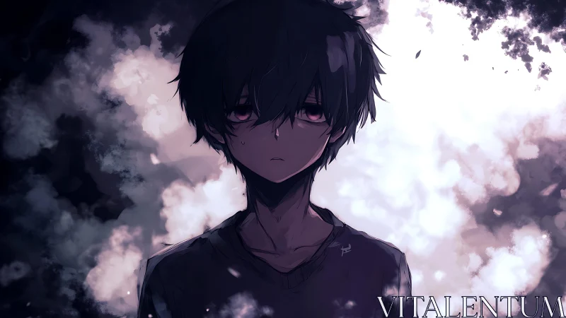Melancholic anime boy framed by high-contrast abstract haze