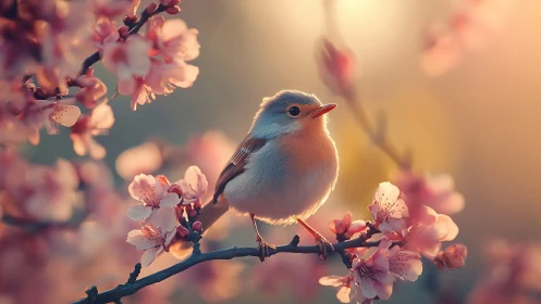 Songbird's Dawn Among Blossoms in Golden Light.