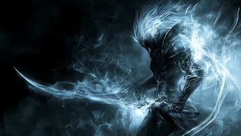 Spectral armored warrior wields glowing energy sword