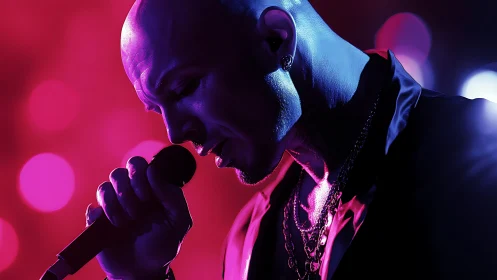 Neon-lit vocalist in dramatic side profile portrait lighting.