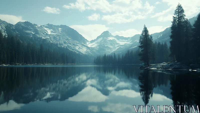 Snowcapped mountain lake mirrors towering pine forest.