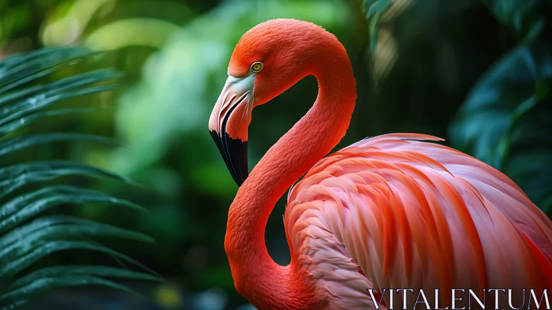 Vibrant Flamingo Portrait in Lush Green Jungle, Photorealistic Style.