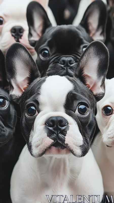 Close portrait study of curious French bulldog puppies.