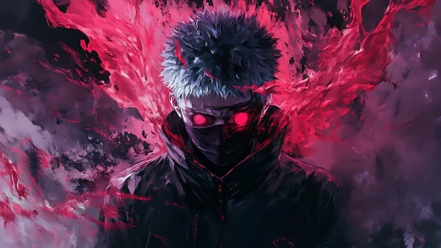 Masked antihero radiates crimson energy in stormy void