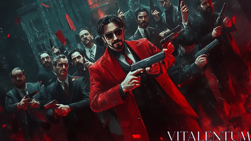 Crimson-coated gunman leading armed syndicate under rainfall