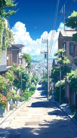 Sunlit hillside street overlooks distant summer coastal city