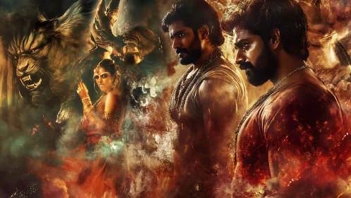 Fiery mythic warriors amid roaring lion and swirling smoke.