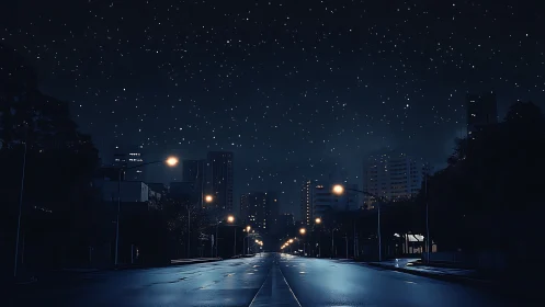 Quiet starlit city street glowing softly under midnight sky.