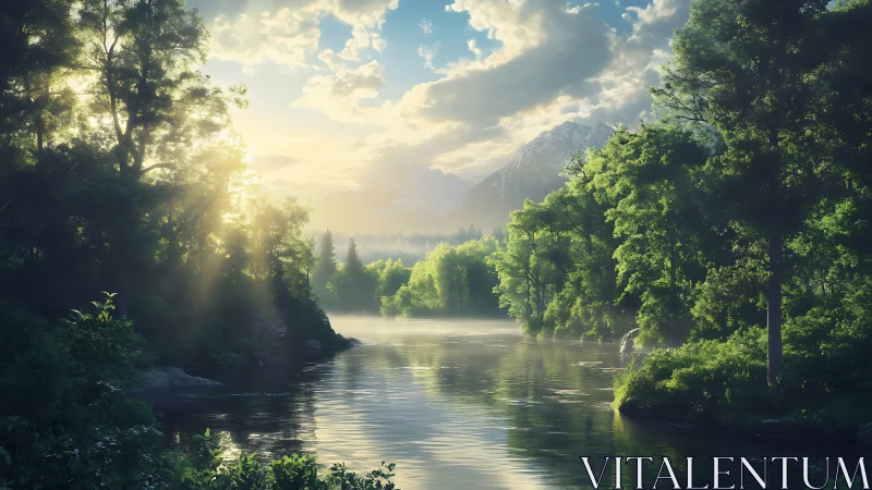 Sunlit forest river winds beneath distant mountain peaks.
