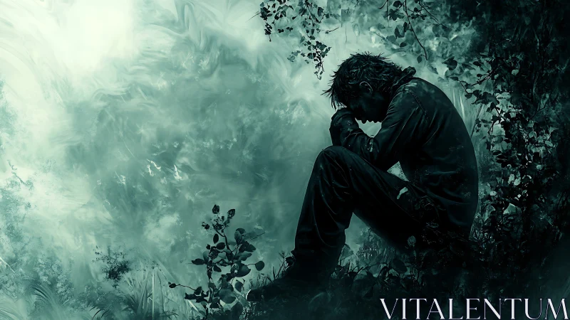 Silhouetted sorrow curls inward beneath storm-tinted foliage