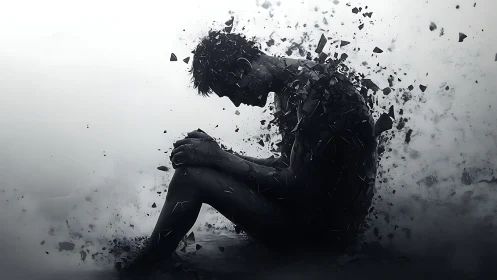 Shattered figure curls inward while fragments drift into silence