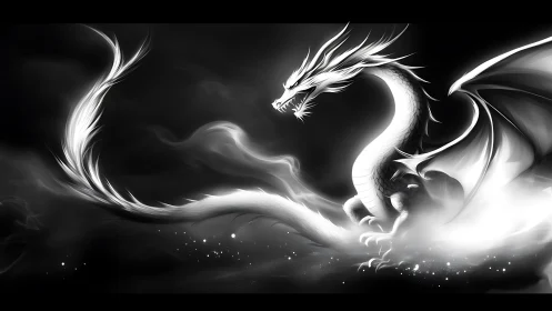White spectral dragon coiled in monochrome storm clouds.