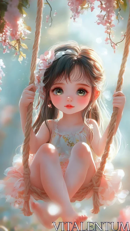Blossom-bright swing daydream with wide-eyed pastel wonder.