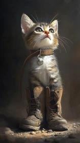 Whimsical Kitten Portrait in Oversized Combat Boots. Digital Artwork.