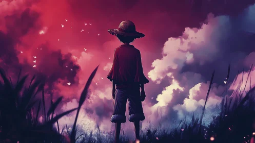 Straw-hat wanderer gazes into glowing crimson clouds at dusk.