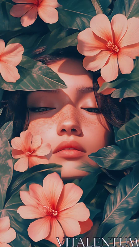 Dreamy freckled portrait framed by lush coral flowers.