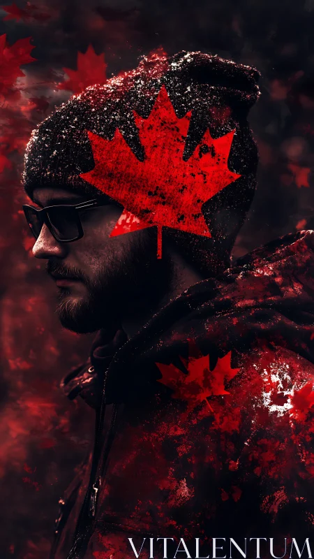 Stylized Canadian portrait merges maple leaf overlays and bokeh