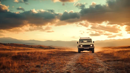 Off-road vehicle on rural dirt track at sunset landscape.