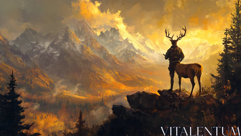 Antlered forest guardian surveys blazing alpine valley at dusk