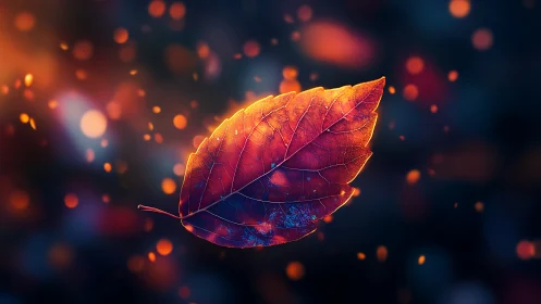 Backlit autumn leaf rendered with shallow depth and bokeh field