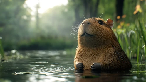Wet river rodent watches forest light over calm water.