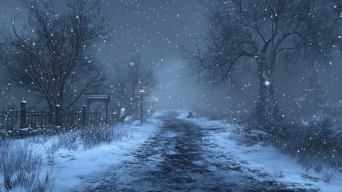 Snow-covered rural road extends into foggy winter night