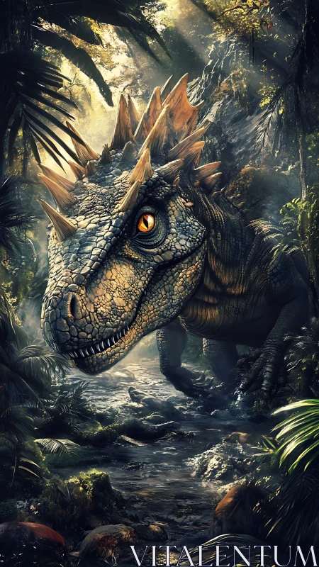 Predatory dinosaur stalks sunlit prehistoric jungle stream.