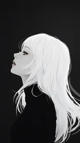 White haired profile portrait against solid dark background.