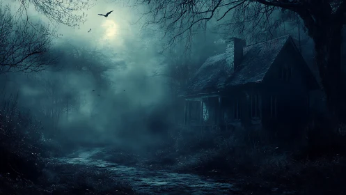 Moonlit abandoned house in dense foggy forest clearing.