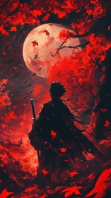 Moonlit ronin drifts through a crimson storm of autumn fire.