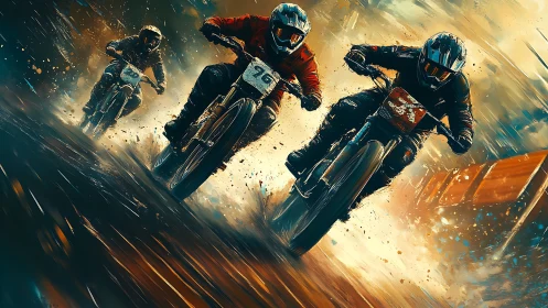 Dynamic dirt bike racers slicing through golden spray.