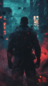 Lone armored soldier walks into a glowing war torn city night