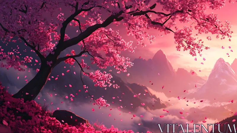 Petal storm over dreamlit mountains at rose-gold dawn.