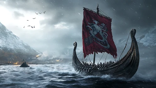 Viking longship cuts through stormy fjord under blood-red sail