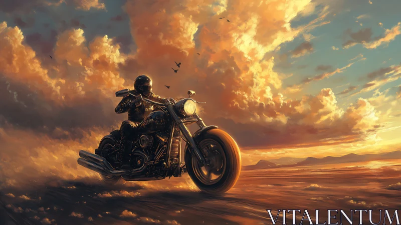 Stormlit rider racing across blazing desert horizon.