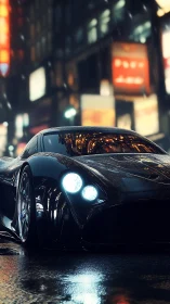Sleek black sports car on wet neon city street at night.