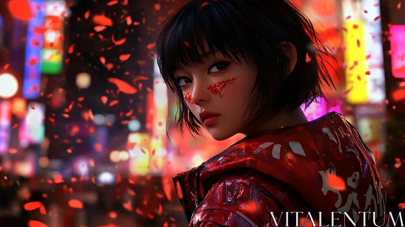 Neon city wanderer with a fiery red gaze and quiet strength.